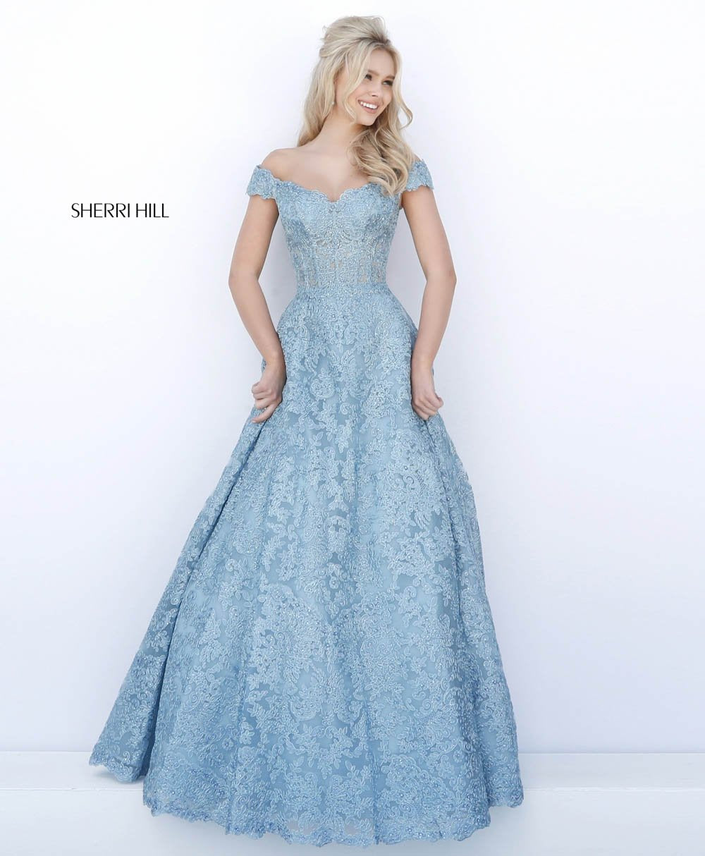 Sherri Hill 51573 dress images in these colors: Gold, Light Blue, Silver, Black, Ivory.