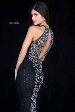 Sherri Hill 51739 dress images in these colors: Black Mulighti, Ivory Mulighti.