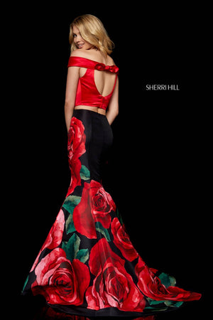 Sherri Hill 51850 dress images in these colors: Red Print, Red Black Print.