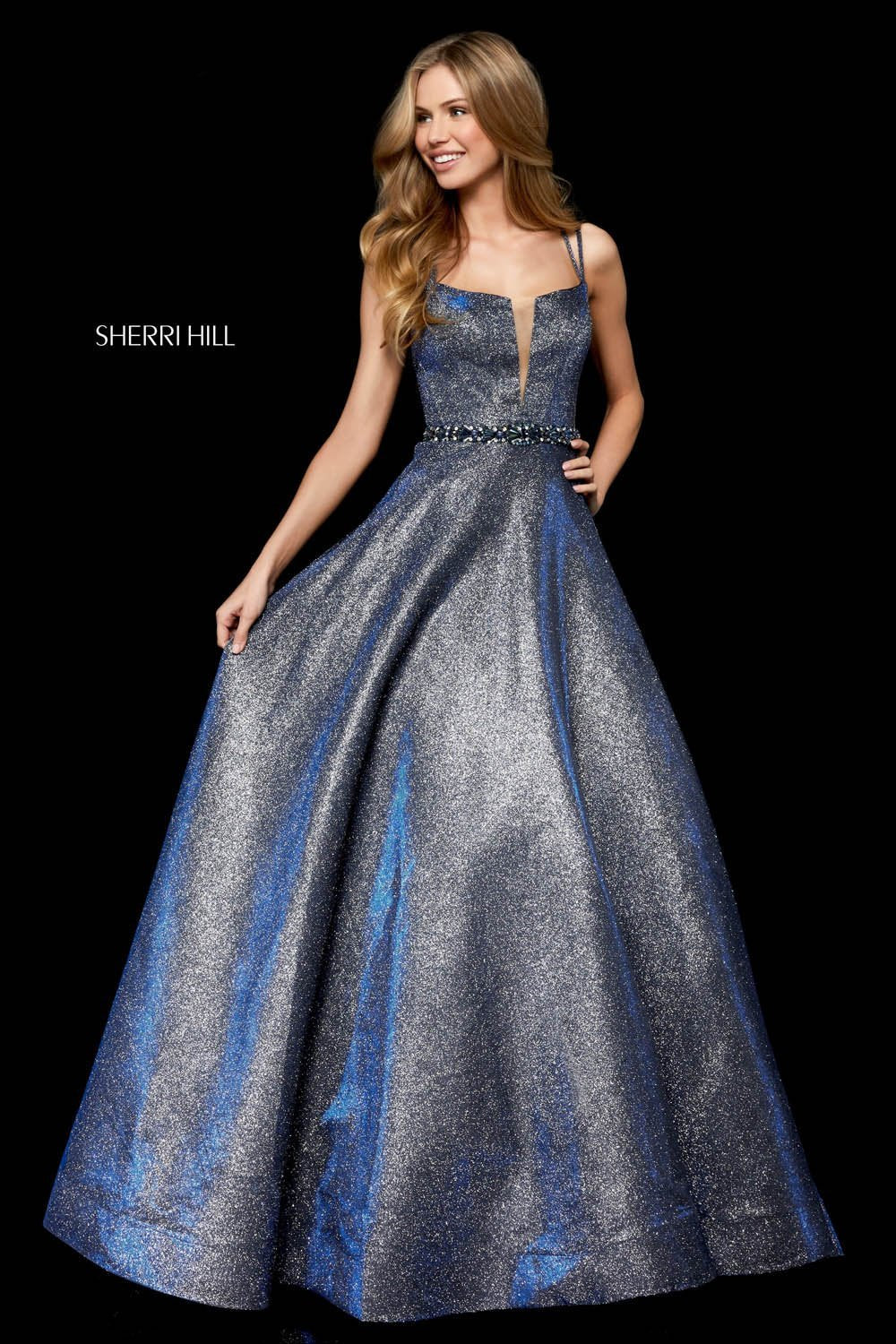 Sherri Hill 52124 dress images in these colors: Gold, Rose Gold, Dark Royal, Gunmetal.