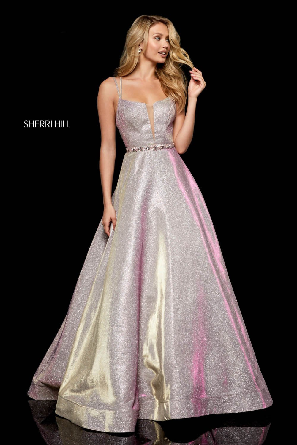 Sherri Hill 52124 dress images in these colors: Gold, Rose Gold, Dark Royal, Gunmetal.