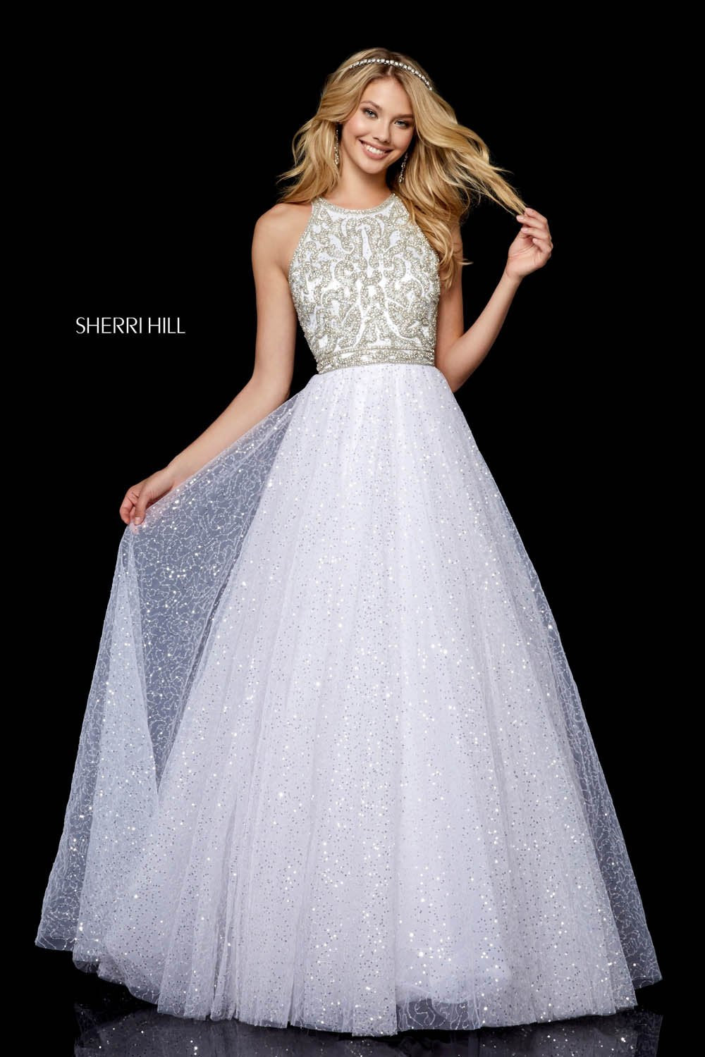 Sherri Hill 52277 dress images in these colors: Ivory Silver, Light Blue Silver, Nude Silver.