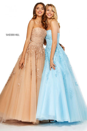 Sherri Hill 52341 dress images in these colors: Ivory, Blush, Light Blue, Nude, Red, Black.