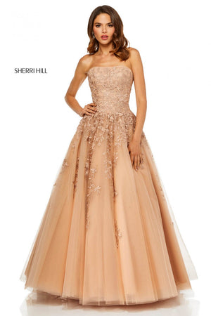 Sherri Hill 52341 dress images in these colors: Ivory, Blush, Light Blue, Nude, Red, Black.