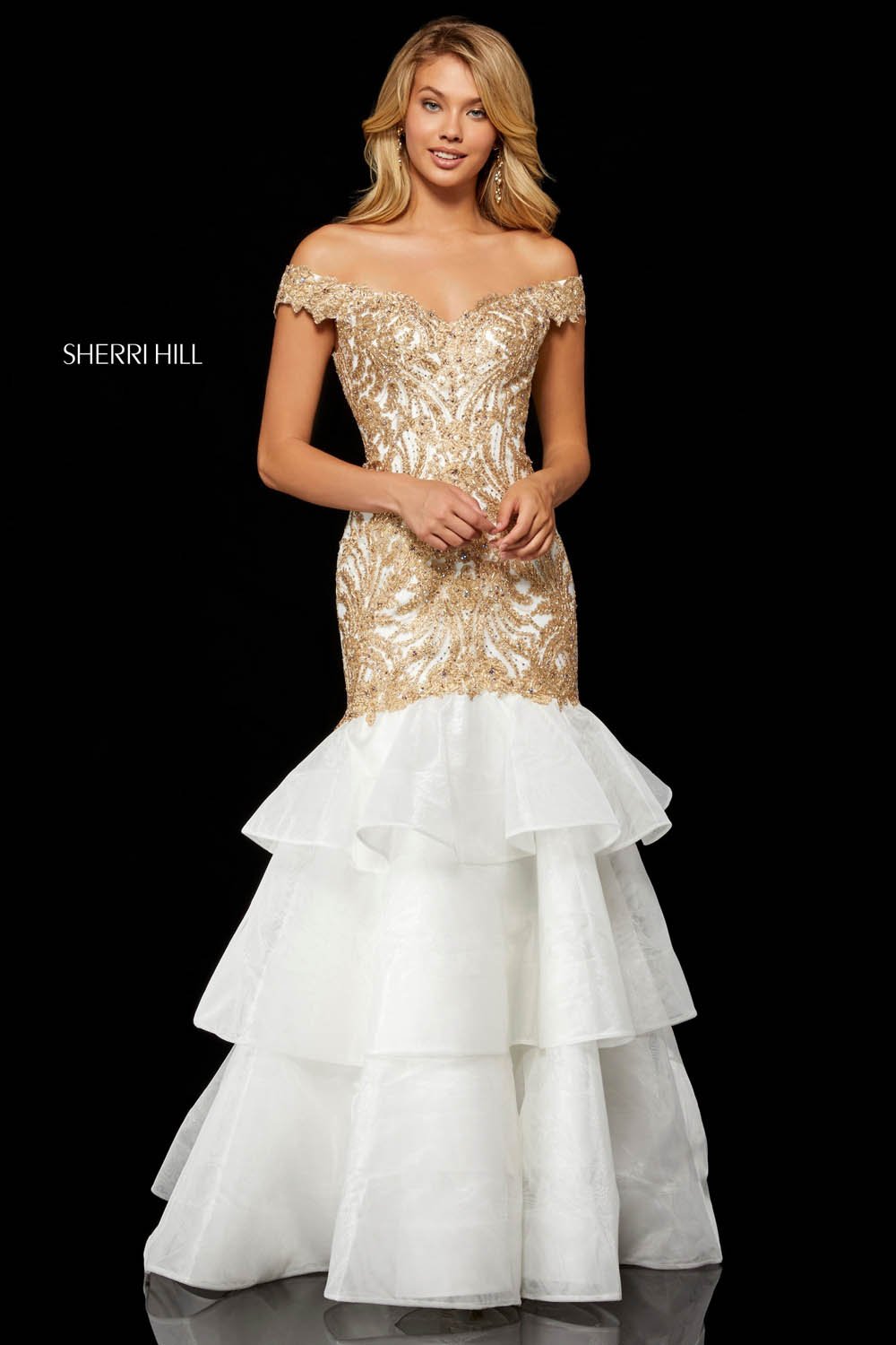 Sherri Hill 52347 dress images in these colors: Ivory, Black Gold, Ivory Gold, Light Blue, Rose Gold Silver.