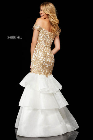 Sherri Hill 52347 dress images in these colors: Ivory, Black Gold, Ivory Gold, Light Blue, Rose Gold Silver.