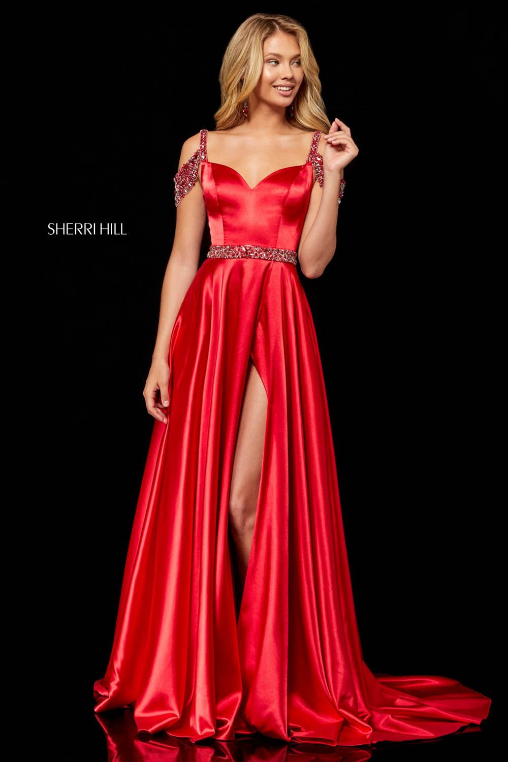 Sherri Hill 52388 dress images in these colors: Turquoise, Emerald, Red, Royal, Black.