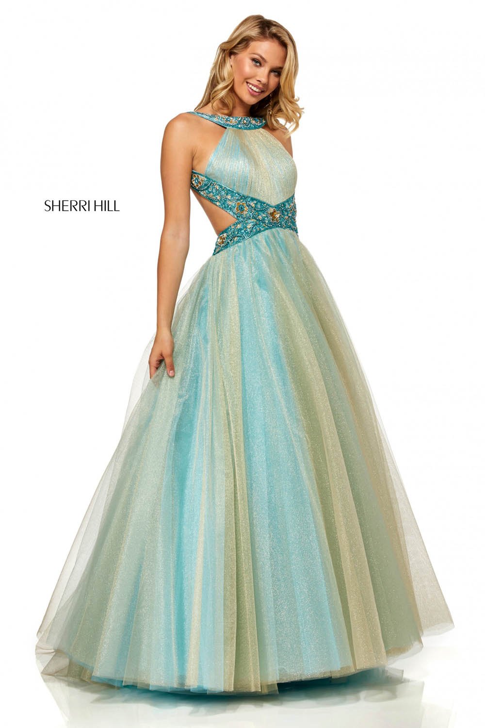 Sherri Hill 52403 dress images in these colors: Light Blue Gold.