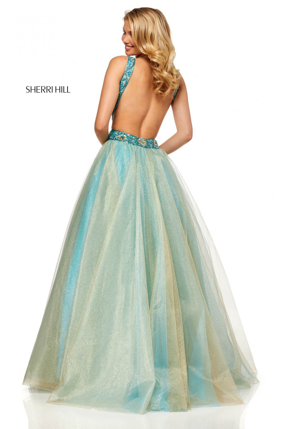 Sherri Hill 52403 dress images in these colors: Light Blue Gold.