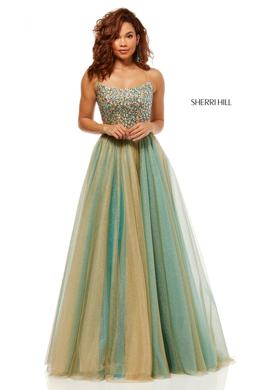 Sherri Hill 52404 dress images in these colors: Gold Turq.