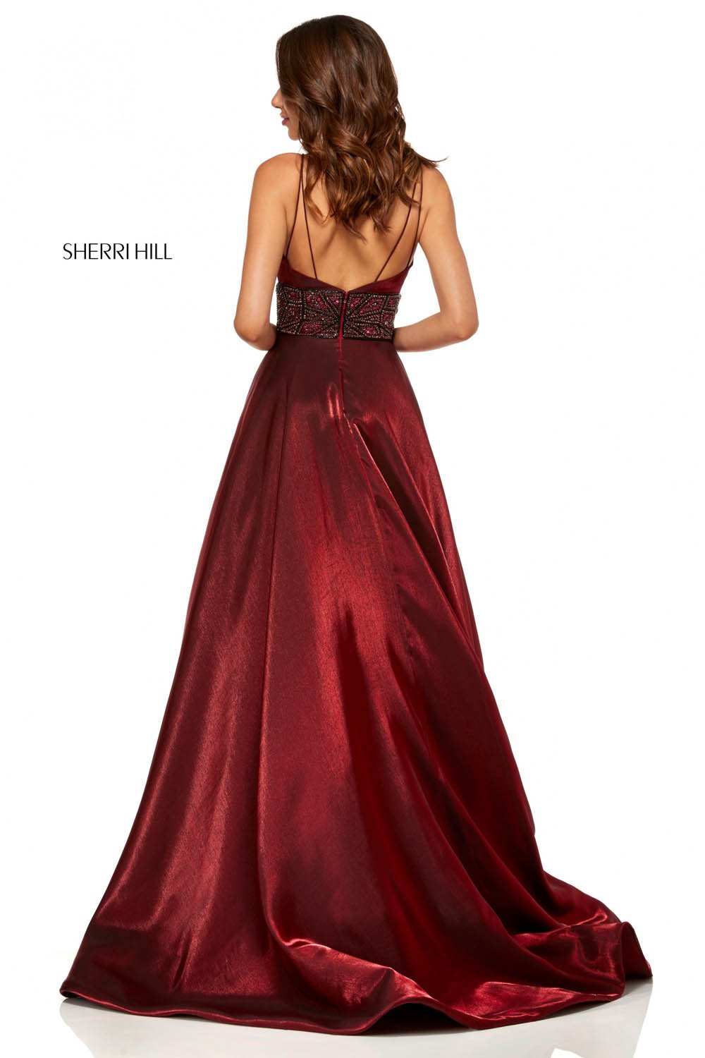 Sherri Hill 52423 dress images in these colors: Wine, Navy, Gunmetal, Emerald.