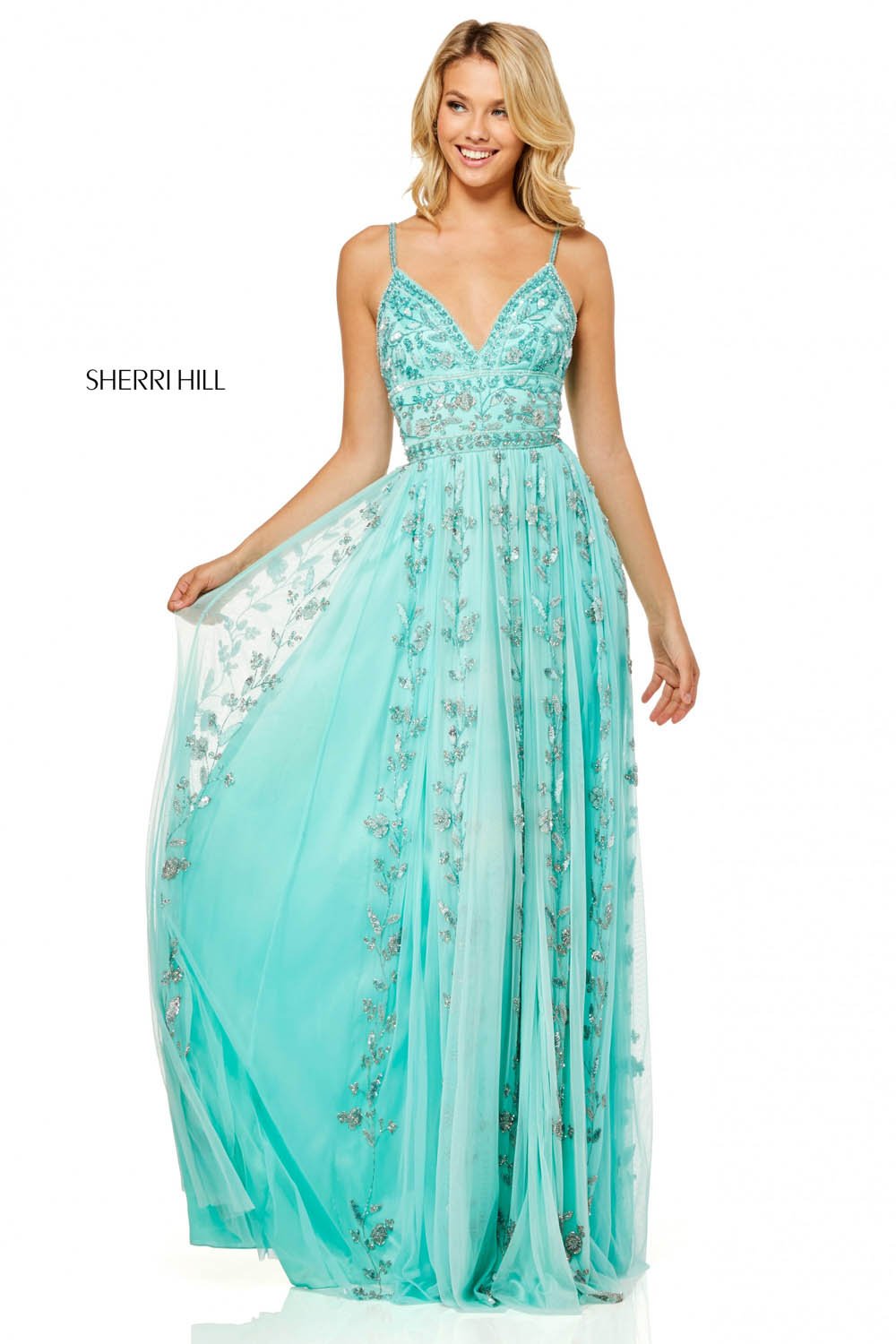Sherri Hill 52461 dress images in these colors: Aqua, Yellow, Ivory, Light Pink, Light Blue.