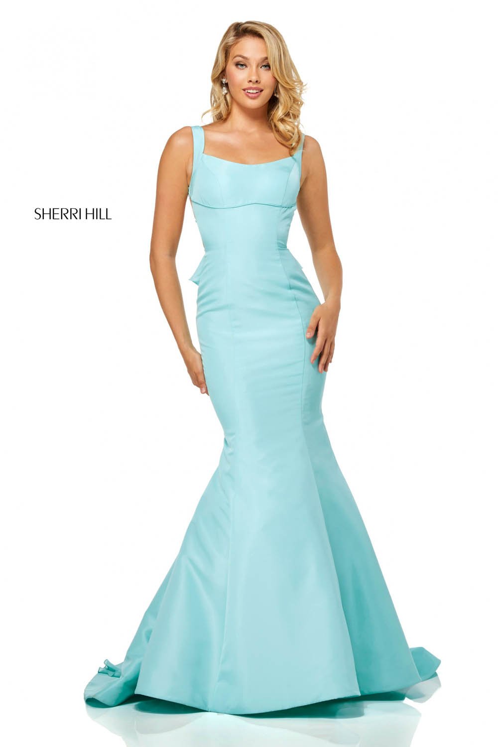 Sherri Hill 52465 dress images in these colors: Light Blue, Lilac, Aqua, Yellow, Red.