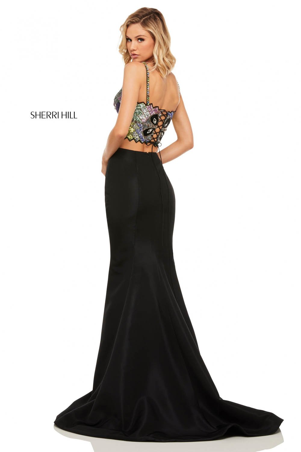 Sherri Hill 52466 dress images in these colors: Black Pink Mulighti.