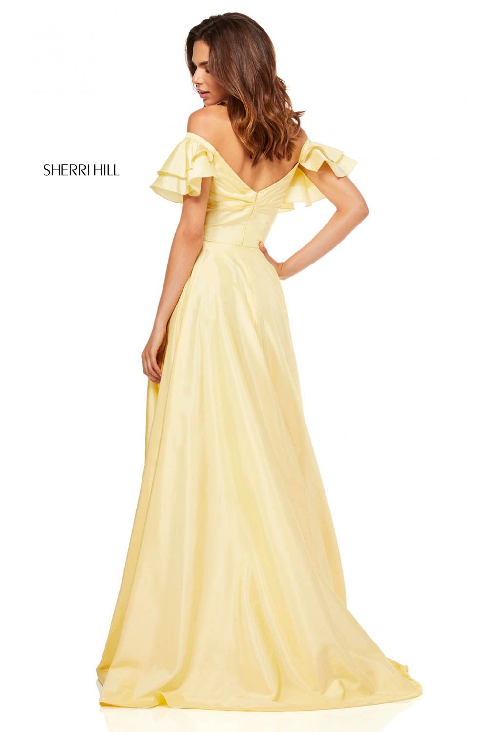 Sherri Hill 52469 dress images in these colors: Yellow, Emerald, Pink, Lilac, Red.