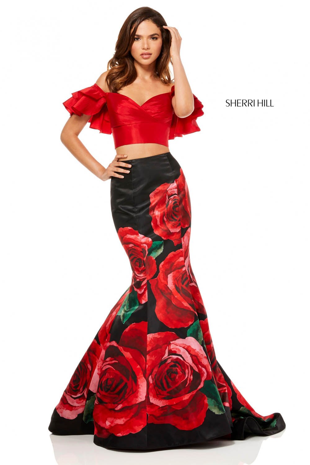 Sherri Hill 52470 dress images in these colors: Red Black Print.