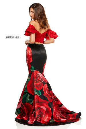 Sherri Hill 52470 dress images in these colors: Red Black Print.