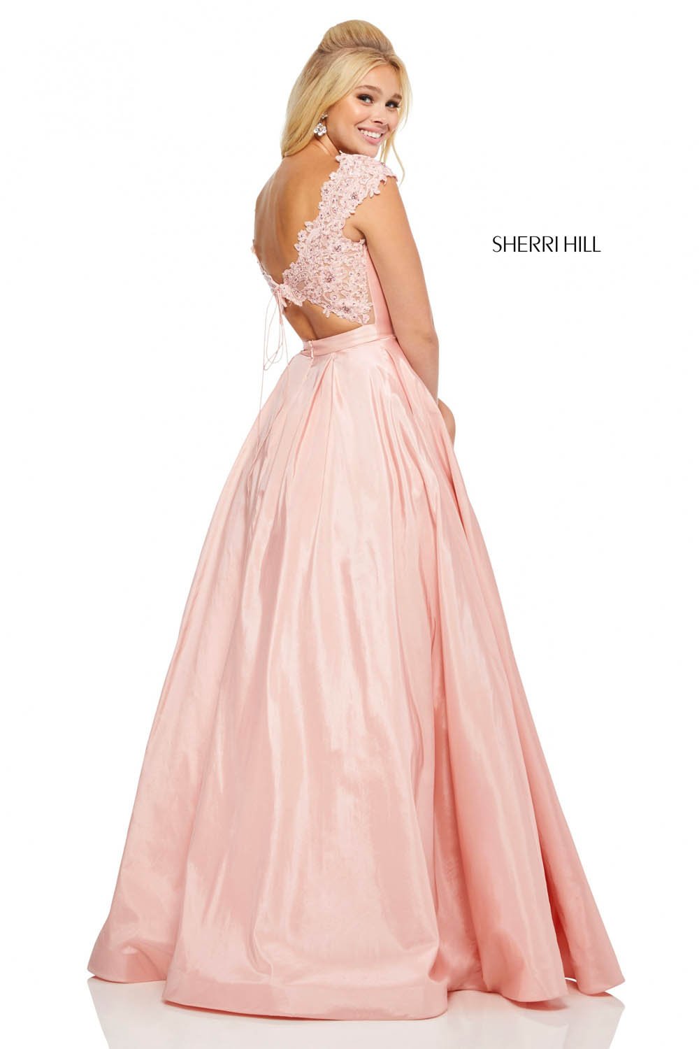 Sherri Hill 52487 dress images in these colors: Blush, Light Blue, Ivory, Navy, Red, Black.