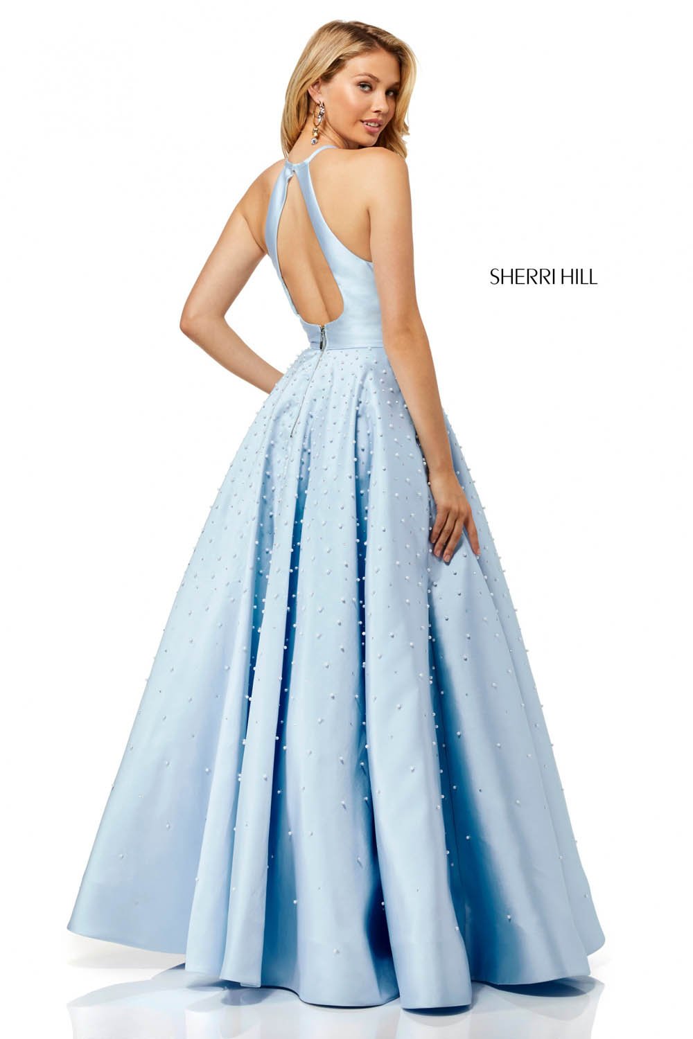 Sherri Hill 52501 dress images in these colors: Light Blue, Ivory, Blush, Yellow.