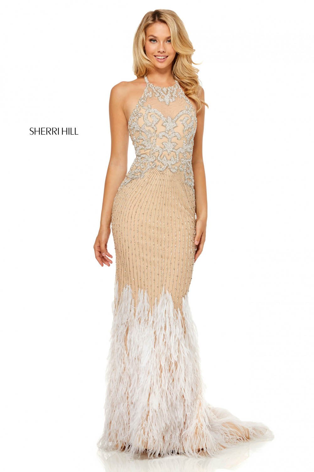 Sherri Hill 52517 dress images in these colors: Nude Silver, Ivory.
