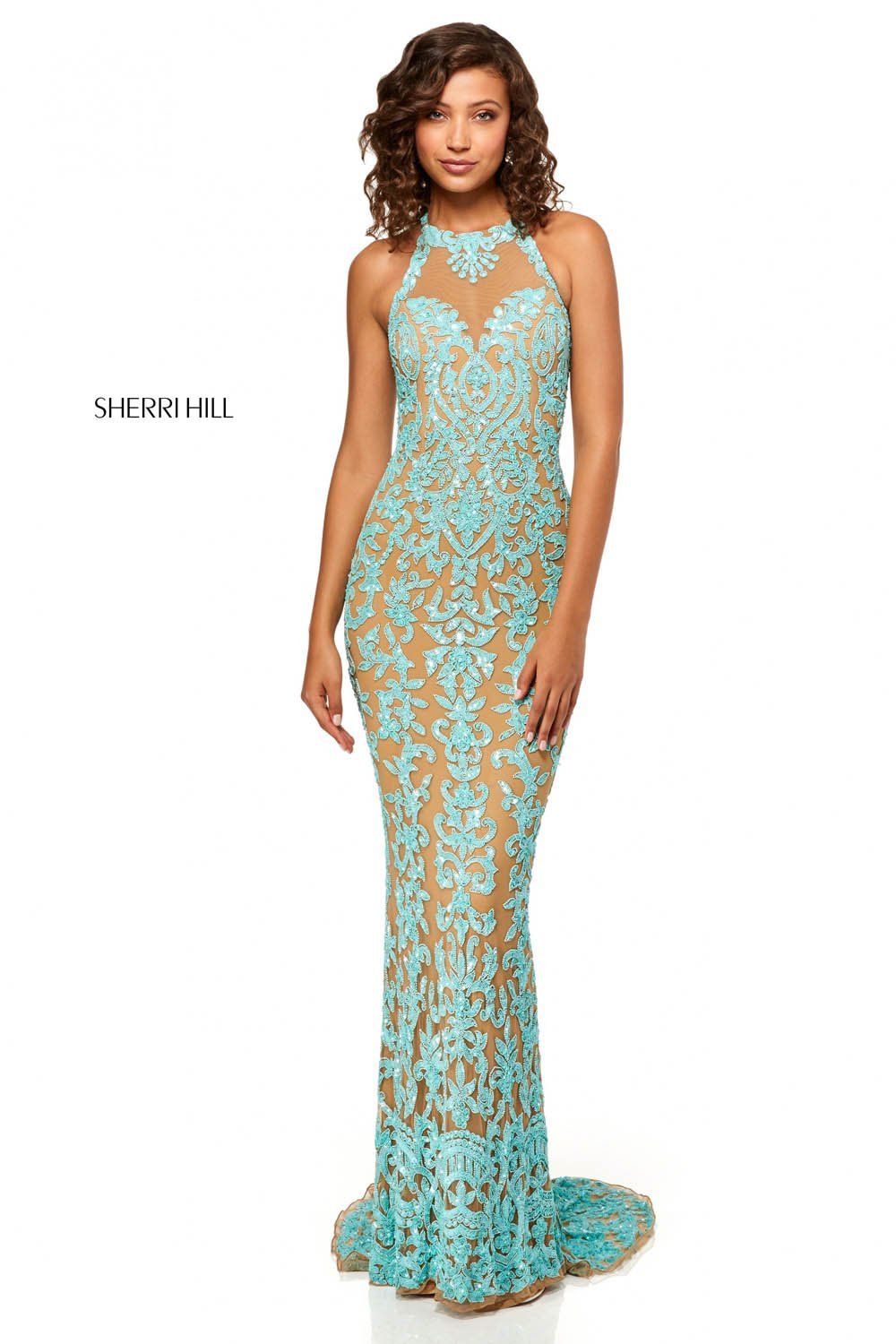 Sherri Hill 52527 dress images in these colors: Nude Aqua, Light Gold, Periwinkle Pink, Nude Coral, Nude Ivory, Black, Burgundy.