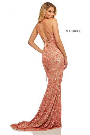 Sherri Hill 52527 dress images in these colors: Nude Aqua, Light Gold, Periwinkle Pink, Nude Coral, Nude Ivory, Black, Burgundy.