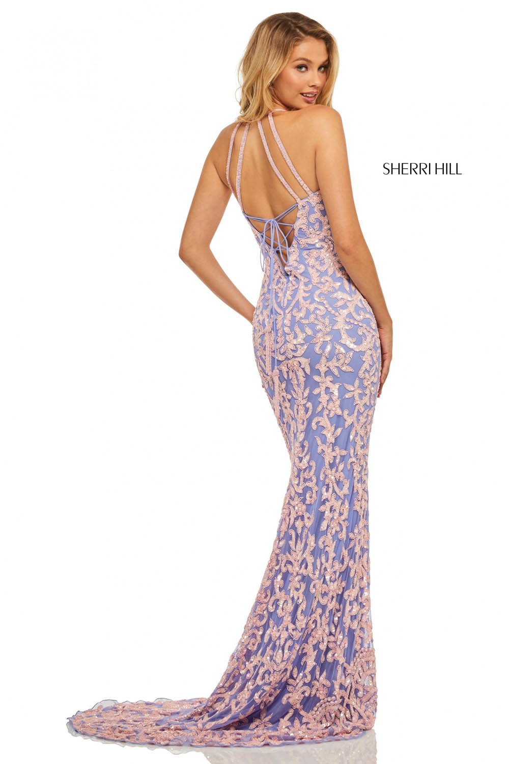 Sherri Hill 52527 dress images in these colors: Nude Aqua, Light Gold, Periwinkle Pink, Nude Coral, Nude Ivory, Black, Burgundy.