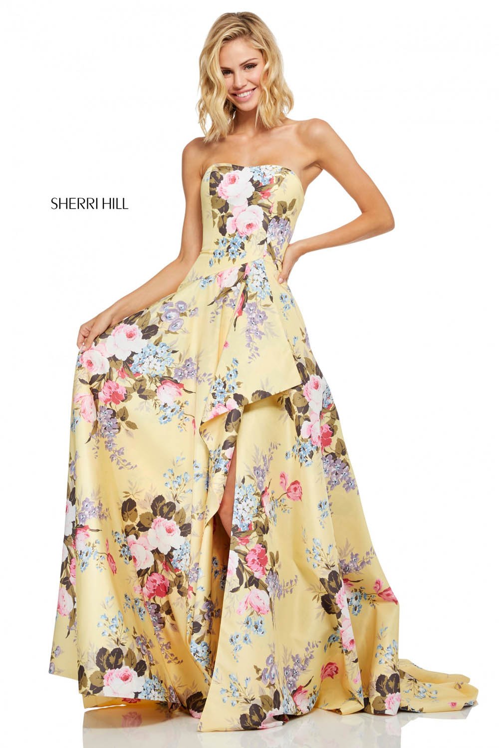 Sherri Hill 52531 dress images in these colors: Light Blue Print, Ivory Print, Yellow Print.