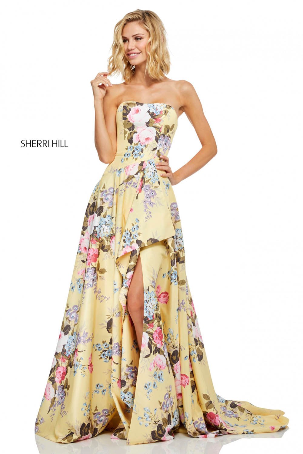 Sherri Hill 52531 dress images in these colors: Light Blue Print, Ivory Print, Yellow Print.