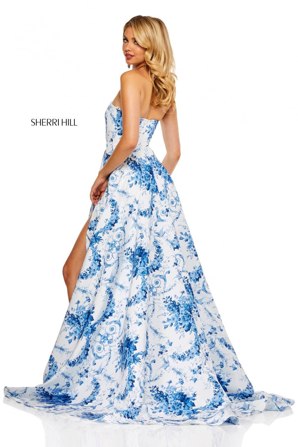 Sherri Hill 52532 dress images in these colors: Ivory Blue Print.