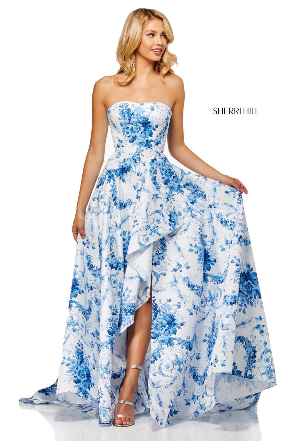 Sherri Hill 52532 dress images in these colors: Ivory Blue Print.