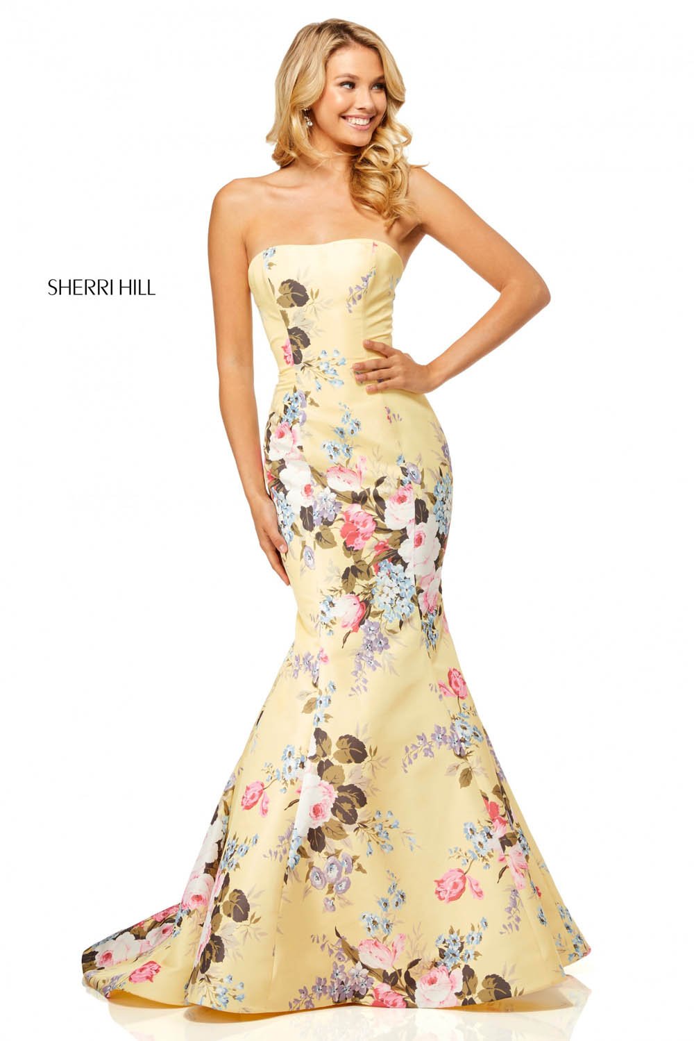 Sherri Hill 52551 dress images in these colors: Yellow Print, Ivory Print, Light Blue Print, Lilac Print.