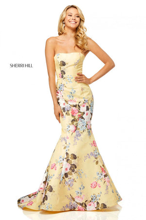 Sherri Hill 52551 dress images in these colors: Yellow Print, Ivory Print, Light Blue Print, Lilac Print.