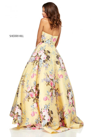 Sherri Hill 52553 dress images in these colors: Yellow Print, Light Blue Print, Lilac Print, Ivory Print.