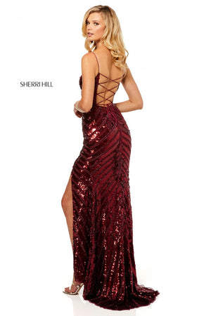 Sherri Hill 52558 dress images in these colors: Burgundy, Black, Rose Gold, Emerald, Silver, Gold, Pink, Light Blue, Light Gold, Light Yellow, Red, Navy.