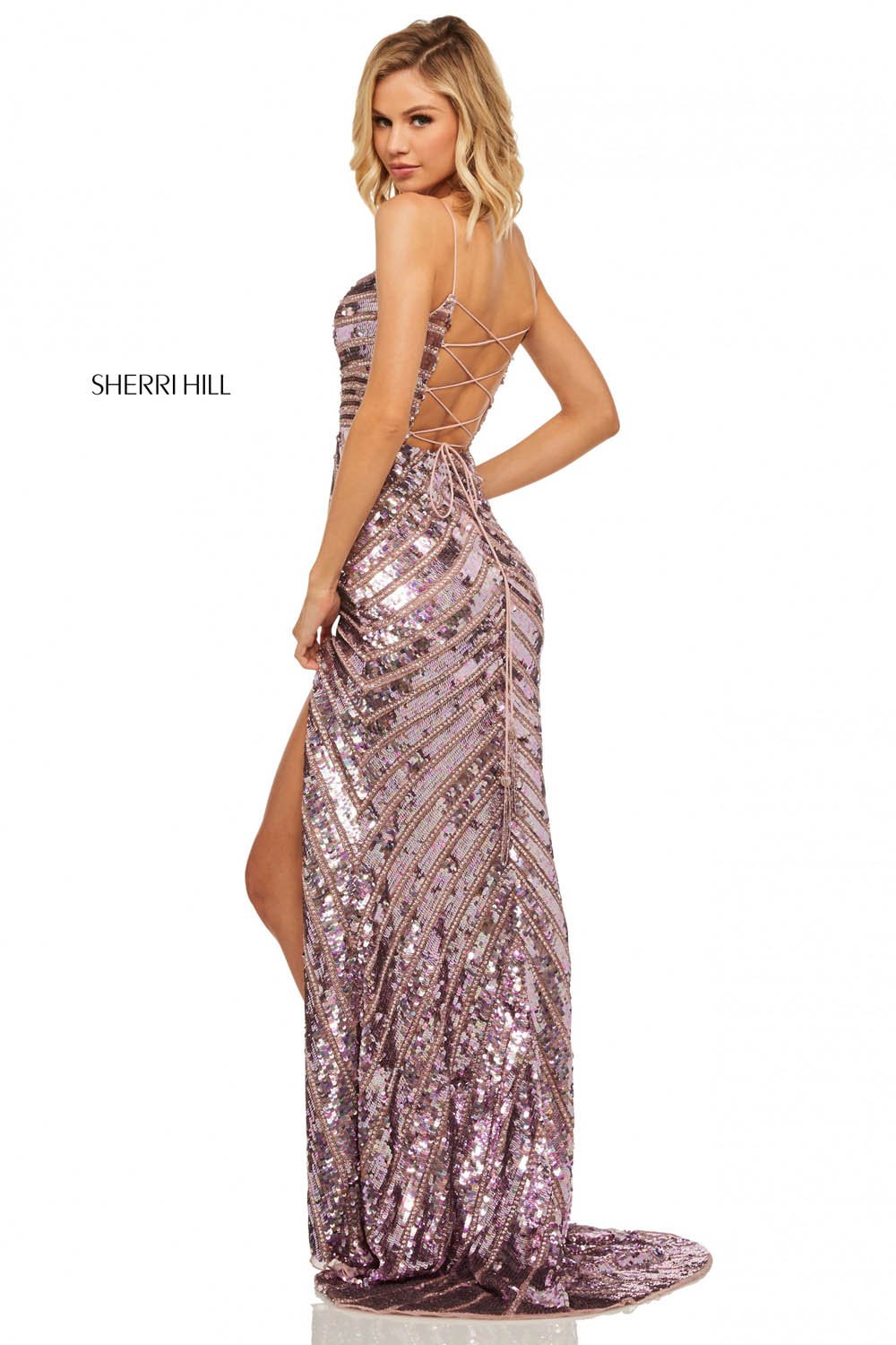 Sherri Hill 52558 dress images in these colors: Burgundy, Black, Rose Gold, Emerald, Silver, Gold, Pink, Light Blue, Light Gold, Light Yellow, Red, Navy.