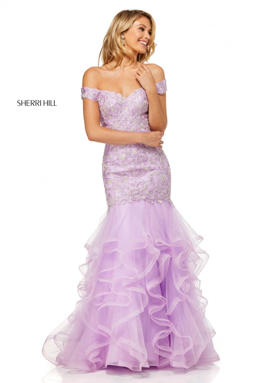 Sherri Hill 52559 dress images in these colors: Lilac, Berry, Peach, Rose, Light Blue.