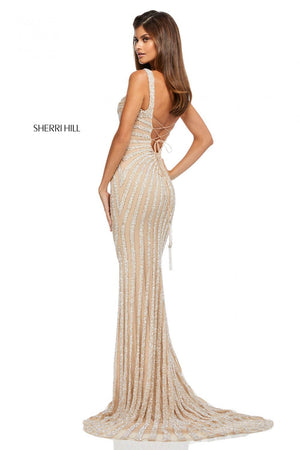 Sherri Hill 52563 dress images in these colors: Nude Silver, Burgundy, Navy, Black, Nude Gold, Ivory.