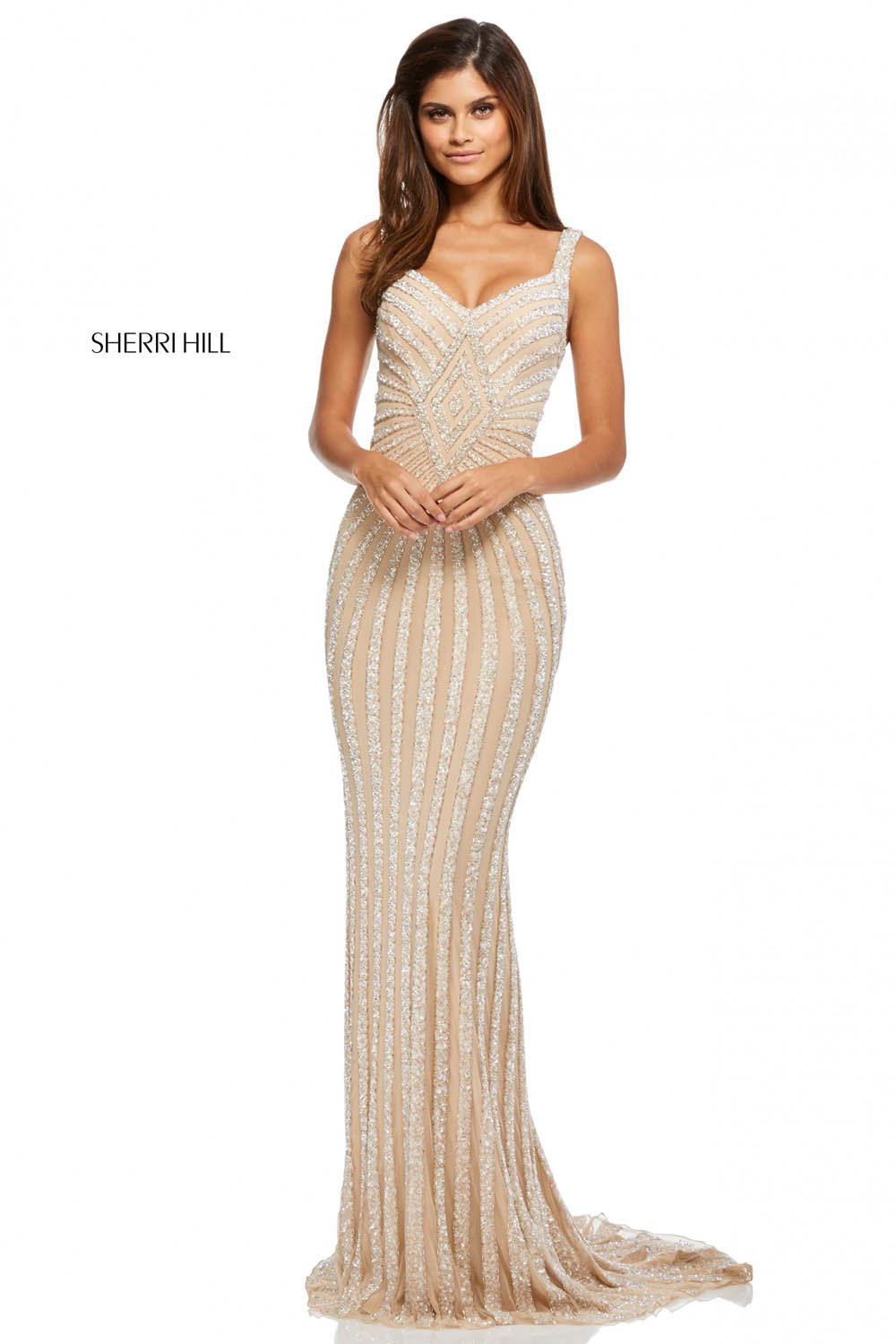Sherri Hill 52563 dress images in these colors: Nude Silver, Burgundy, Navy, Black, Nude Gold, Ivory.