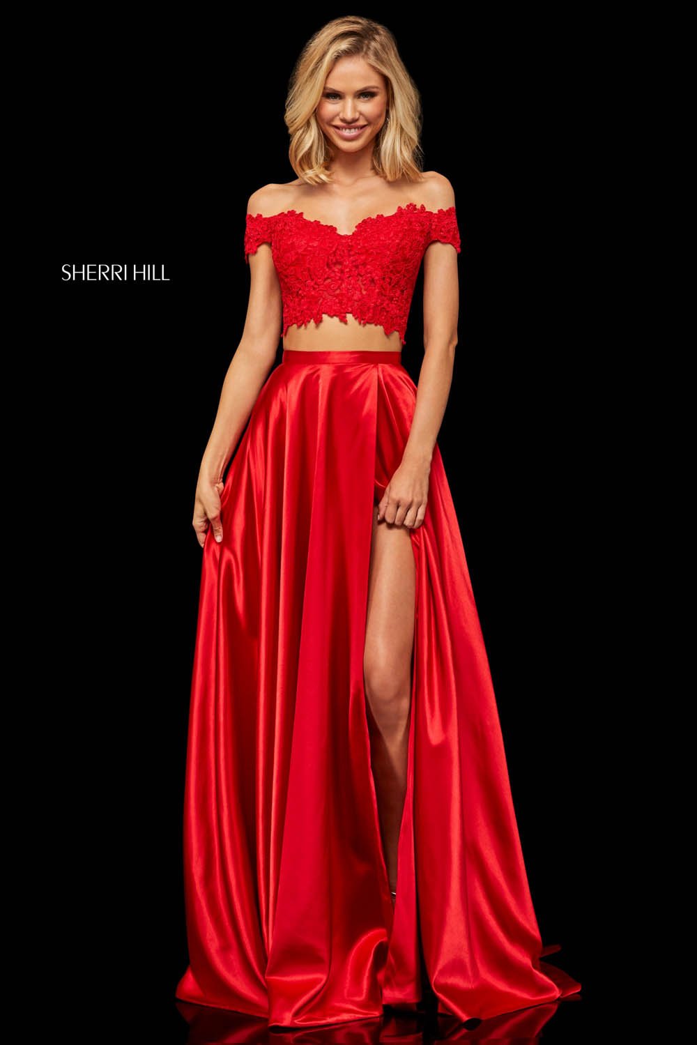 Sherri Hill 52567 dress images in these colors: Ivory, Red, Black, Orange, Eggplant, Rose, Teal, Peacock, Mocha, Yellow.