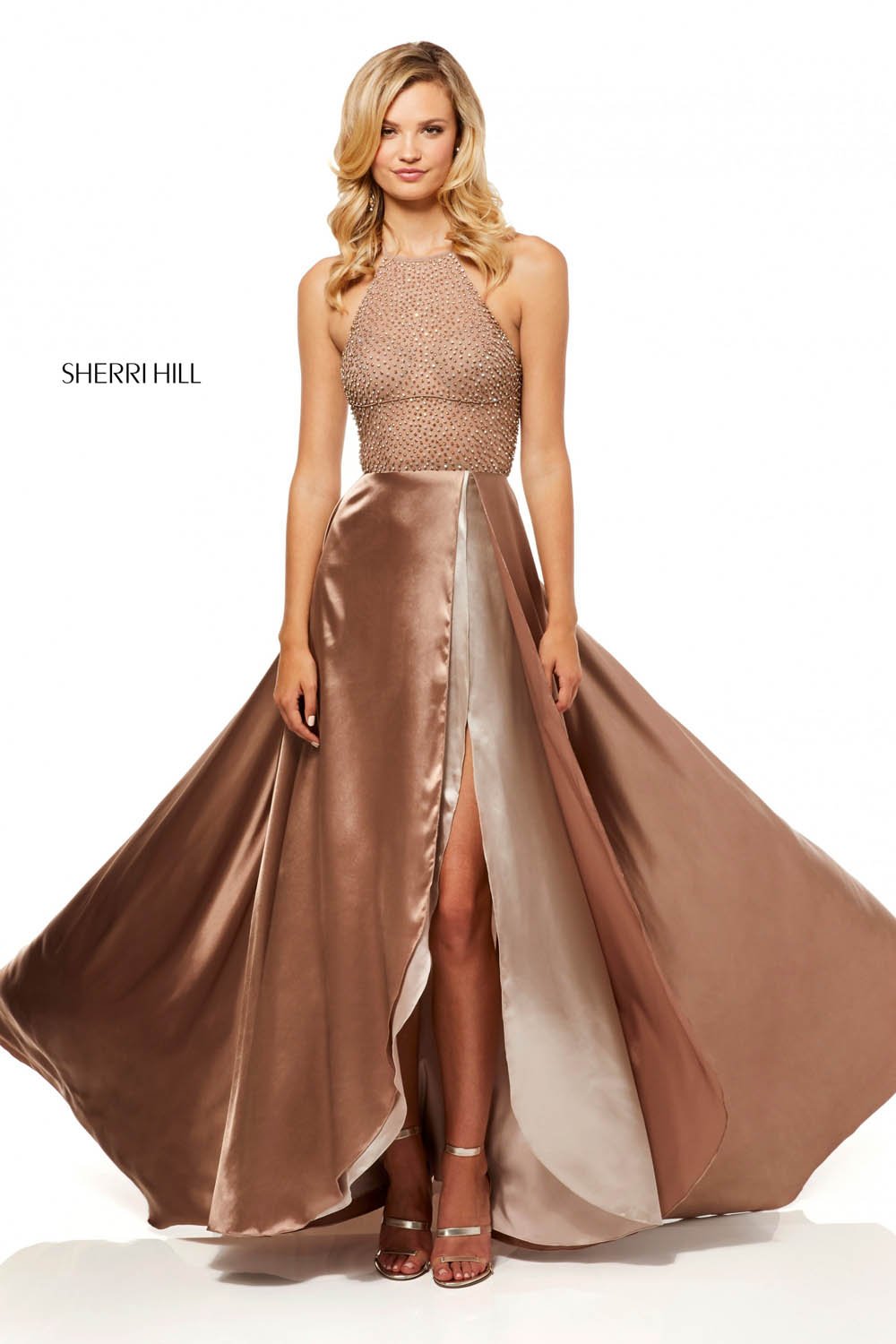 Sherri Hill 52570 dress images in these colors: Mocha, Turquoise, Red.