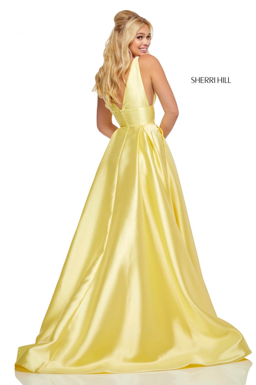 Sherri Hill 52572 dress images in these colors: Yellow, Light Blue, Mocha, Black, Red, Turquoise, Emerald.