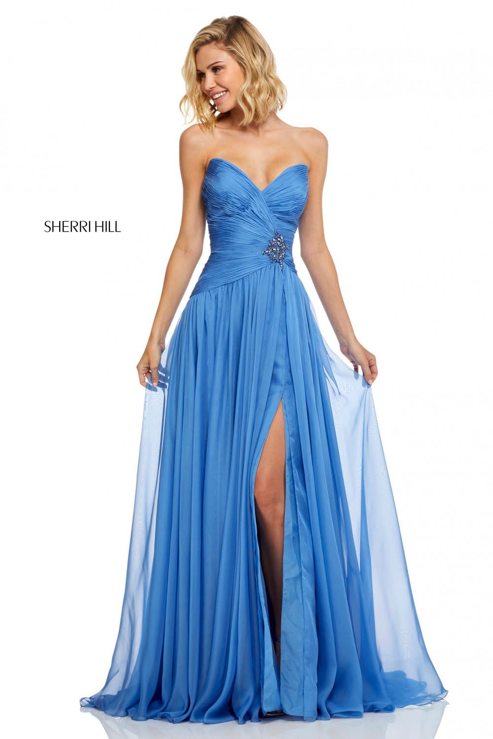 Sherri Hill 52588 dress images in these colors: Black, Periwinkle, Peacock, Jade, Navy, Berry, Bright Pink.
