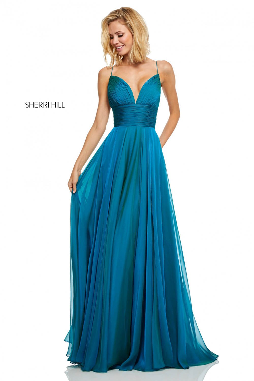 Sherri Hill 52590 dress images in these colors: Peacock, Navy, Yellow, Teal, Burgundy, Eggplant, Gunmetal.