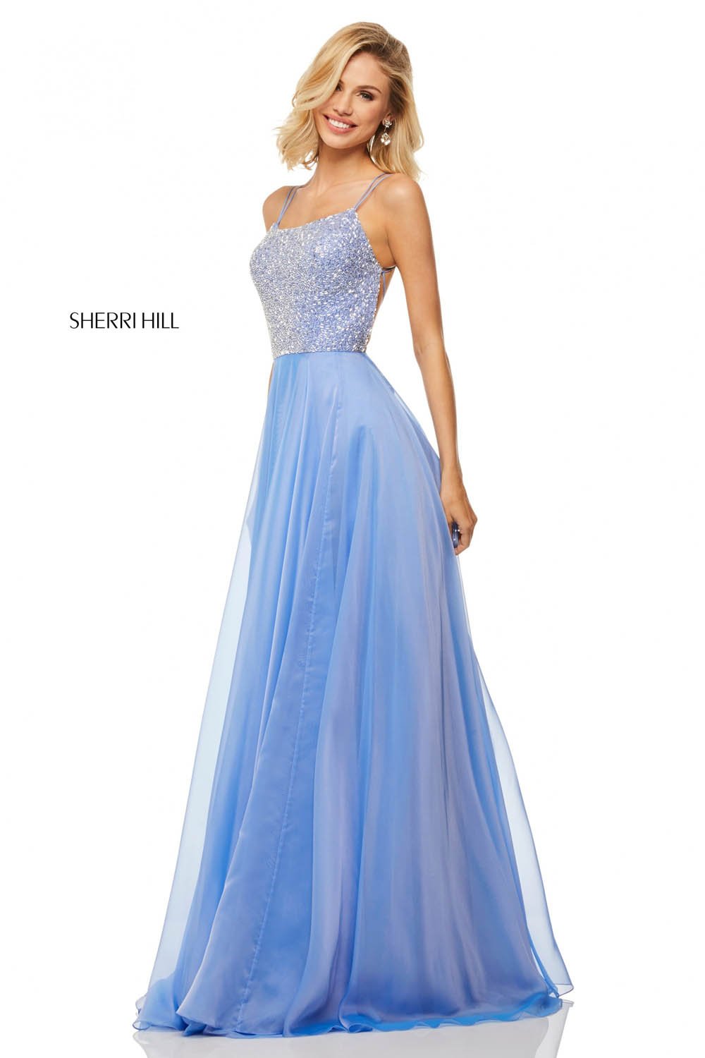 Sherri Hill 52591 dress images in these colors: Blue, Periwinkle, Yellow, Light Green, Pink, Nude.