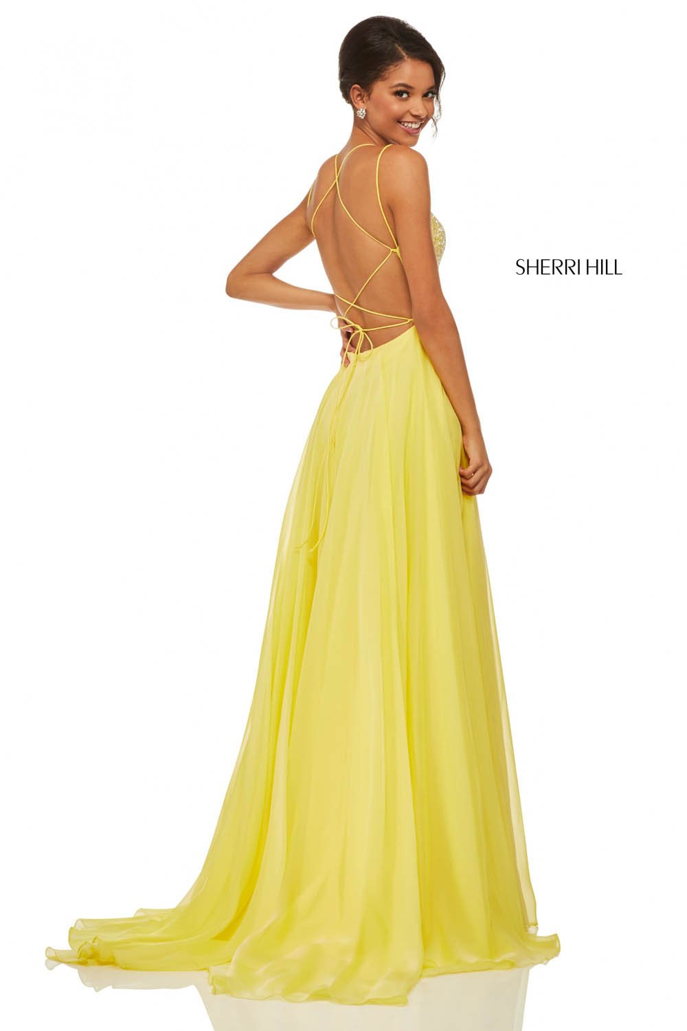 Sherri Hill 52591 dress images in these colors: Blue, Periwinkle, Yellow, Light Green, Pink, Nude.