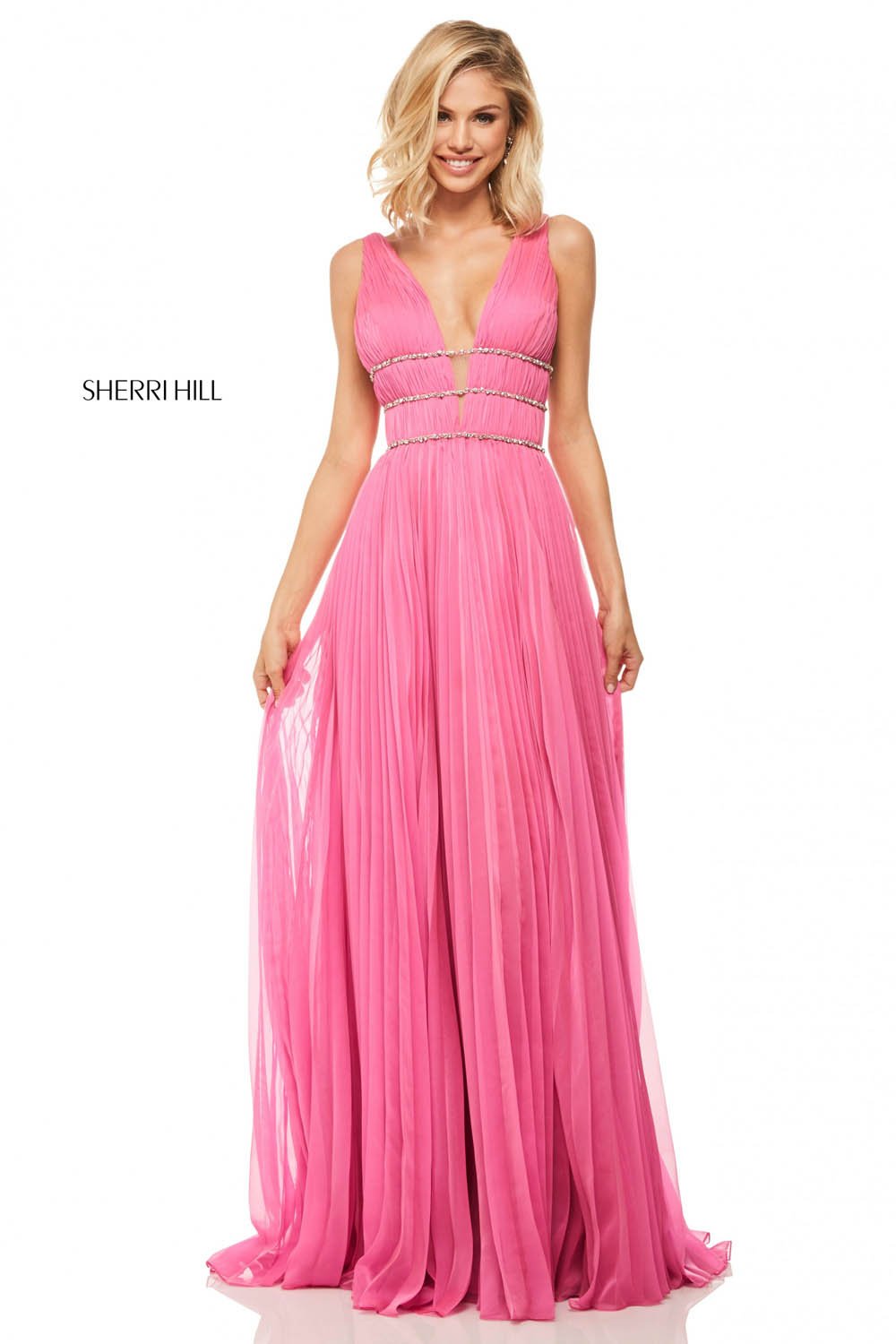 Sherri Hill 52593 dress images in these colors: Pink, Blue, Orange, Periwinkle, Green, Yellow.