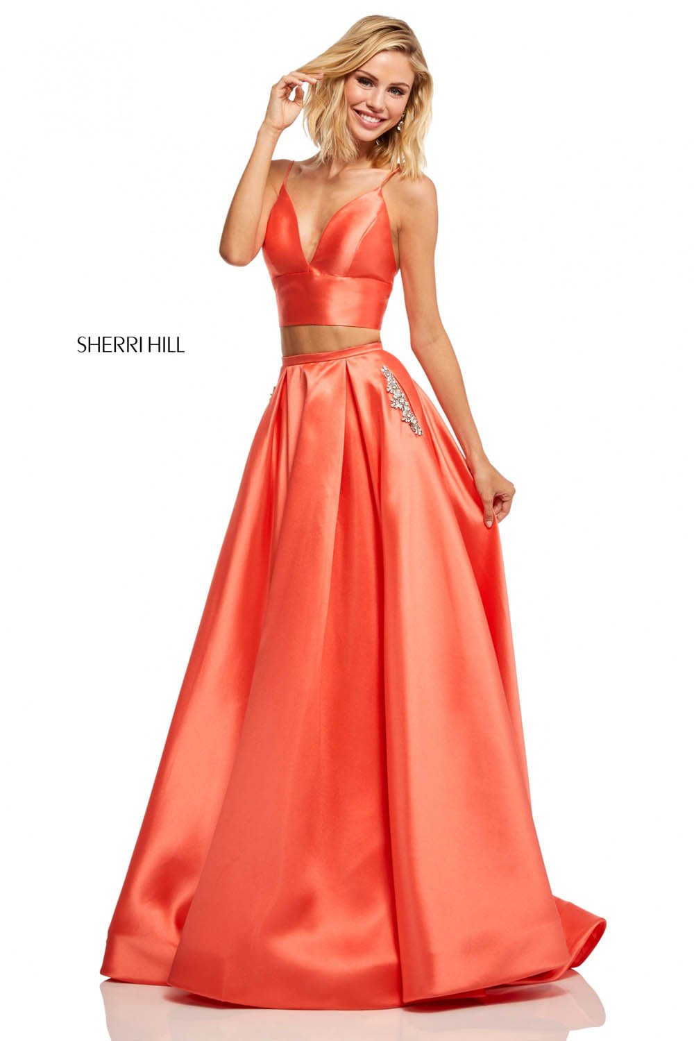 Sherri Hill 52598 dress images in these colors: Mocha, Violet, Red, Emerald, Coral, Yellow, Turquoise, Black.