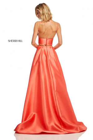 Sherri Hill 52598 dress images in these colors: Mocha, Violet, Red, Emerald, Coral, Yellow, Turquoise, Black.