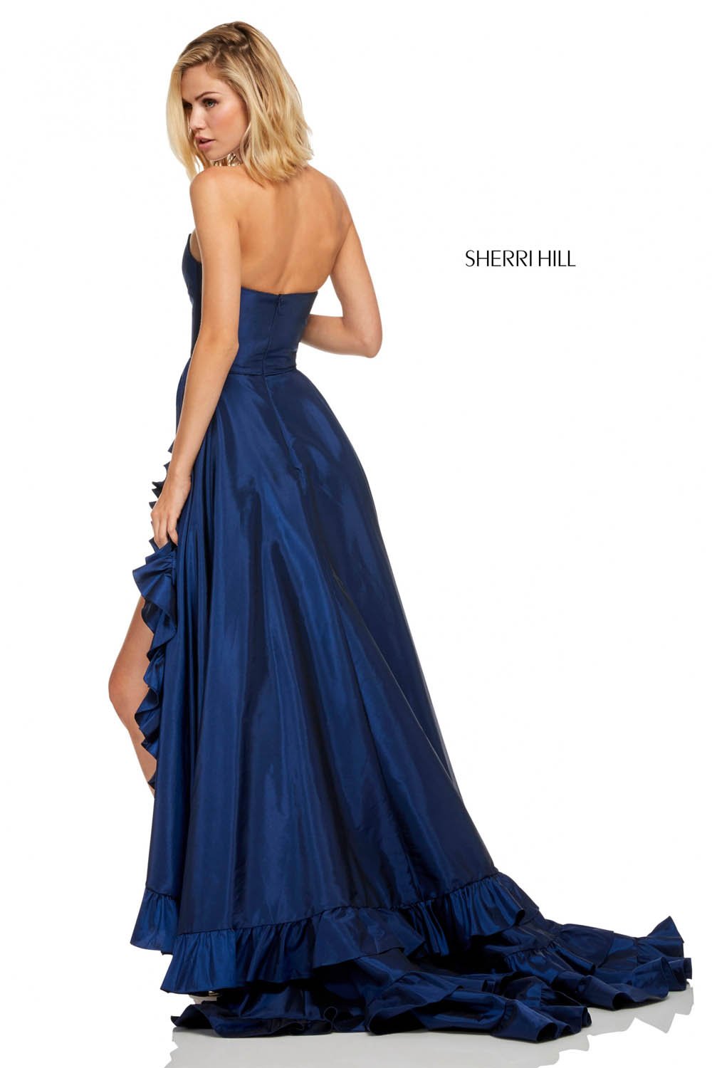 Sherri Hill 52605 dress images in these colors: Navy, Light Blue, Emerald, Ivory, Red, Candy Pink, Black, Yellow.